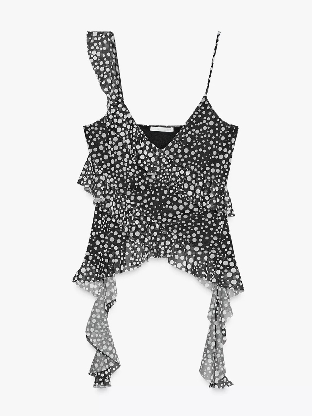 ZARA Small Black & White PRINTED TULLE RUFFLE TOP